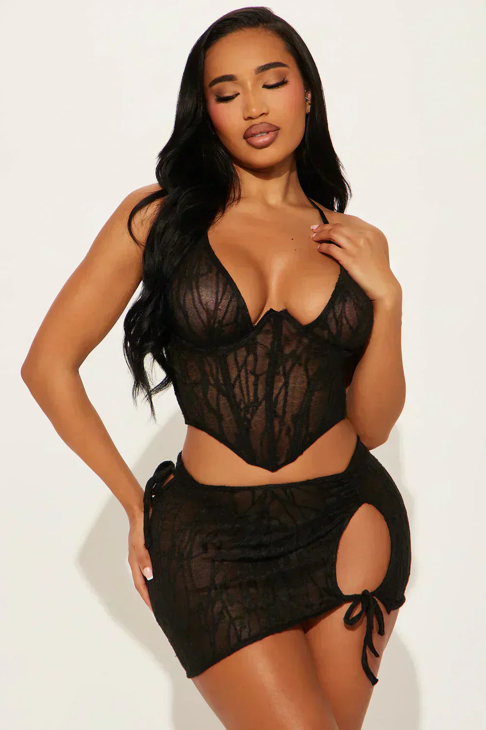 After Hours Textured 3-Piece Bustier Skirt Set – Black