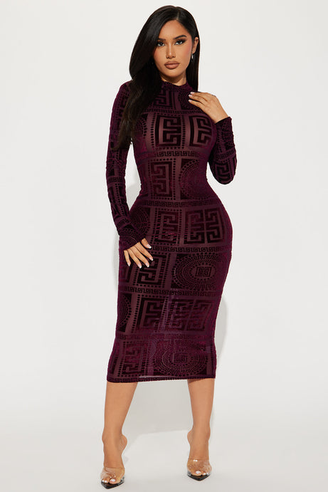 Remy Velvet Burnout Midi Dress - Burgundy