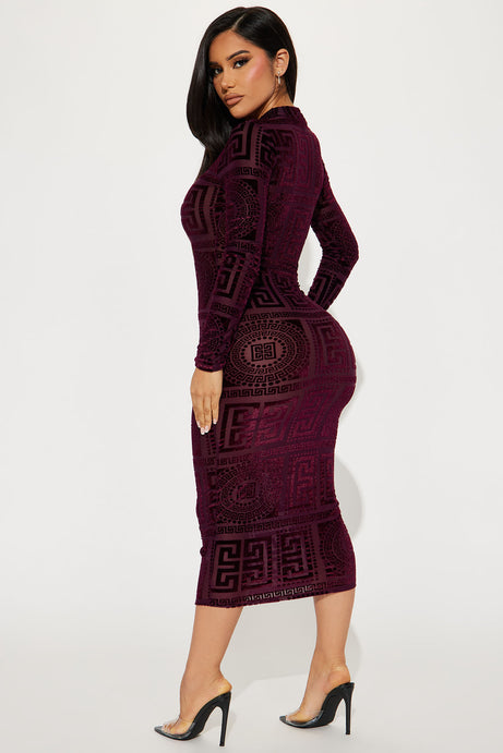 Remy Velvet Burnout Midi Dress - Burgundy