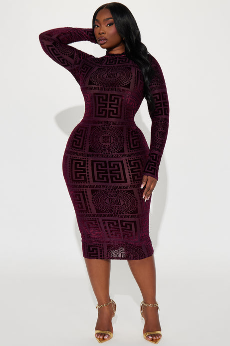 Remy Velvet Burnout Midi Dress - Burgundy